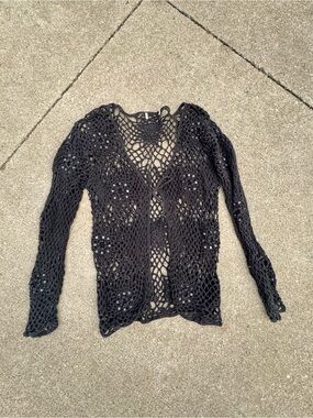 Black Crochet Openwork Women's Sweater Cardigan